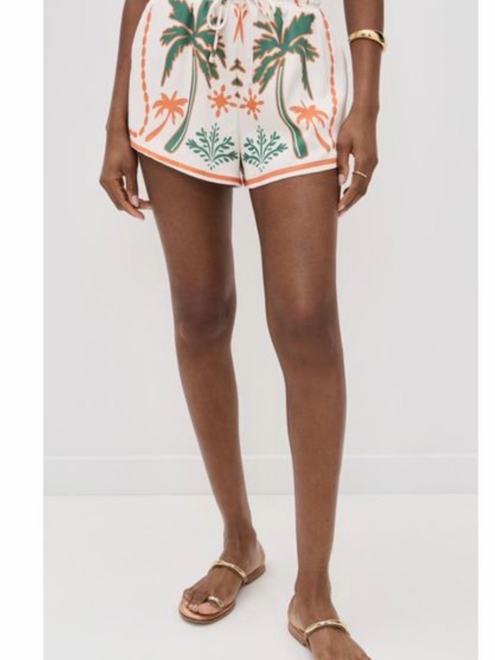Octavia Palm-Print Drawstring Women’s Shorts — White with Green & Coral Motif